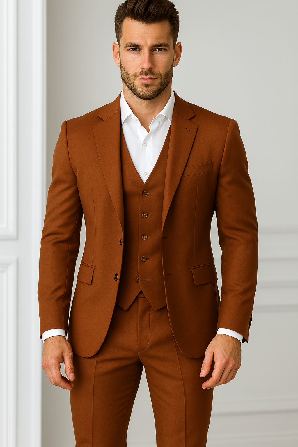 Men’s Burnt Orange Italian Terry Wool 3-Piece Suit – Premium Classic Formal Wear