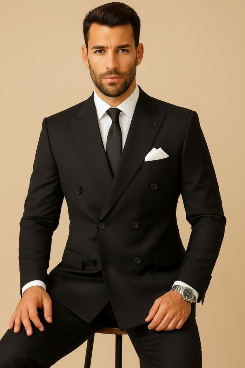 Men’s Premium Double-Breasted Black Suit – Wedding, Reception & Groomsmen Fashion