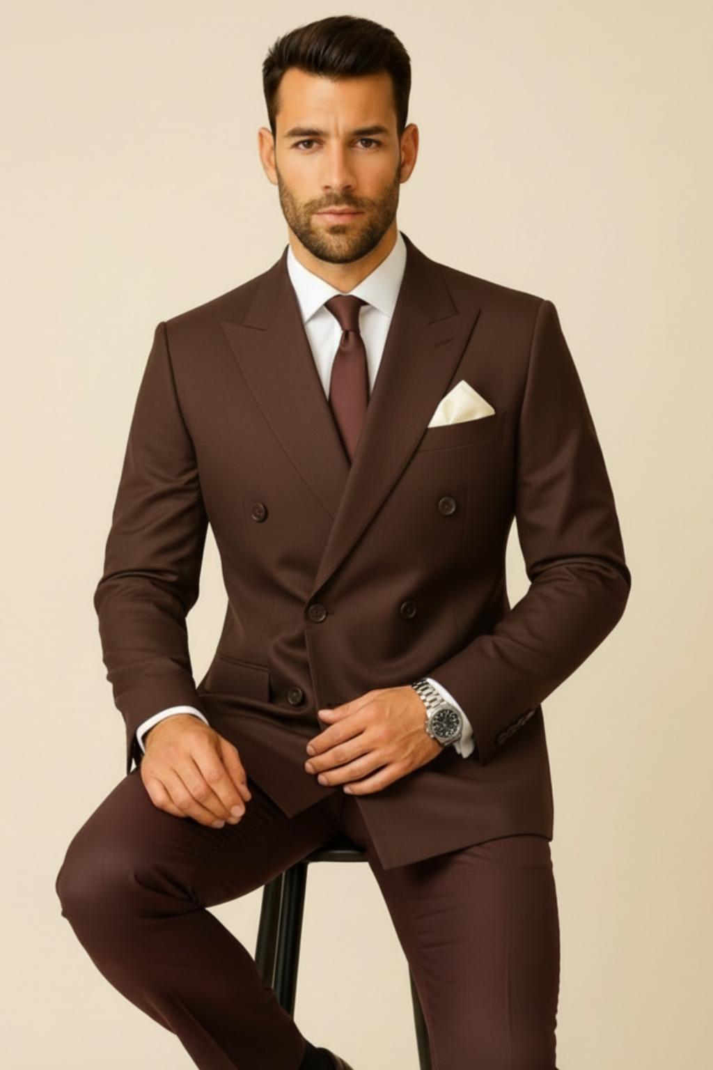 Men’s Premium Double-Breasted Chocolate Brown Suit – Wedding, Reception & Groomsmen Fashion