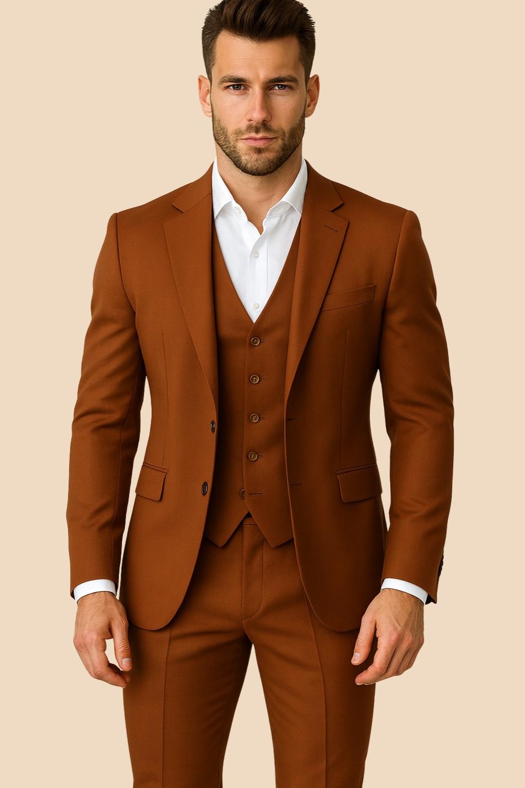 Men’s Burnt Orange Italian Terry Wool 3-Piece Suit – Premium Classic Formal Wear