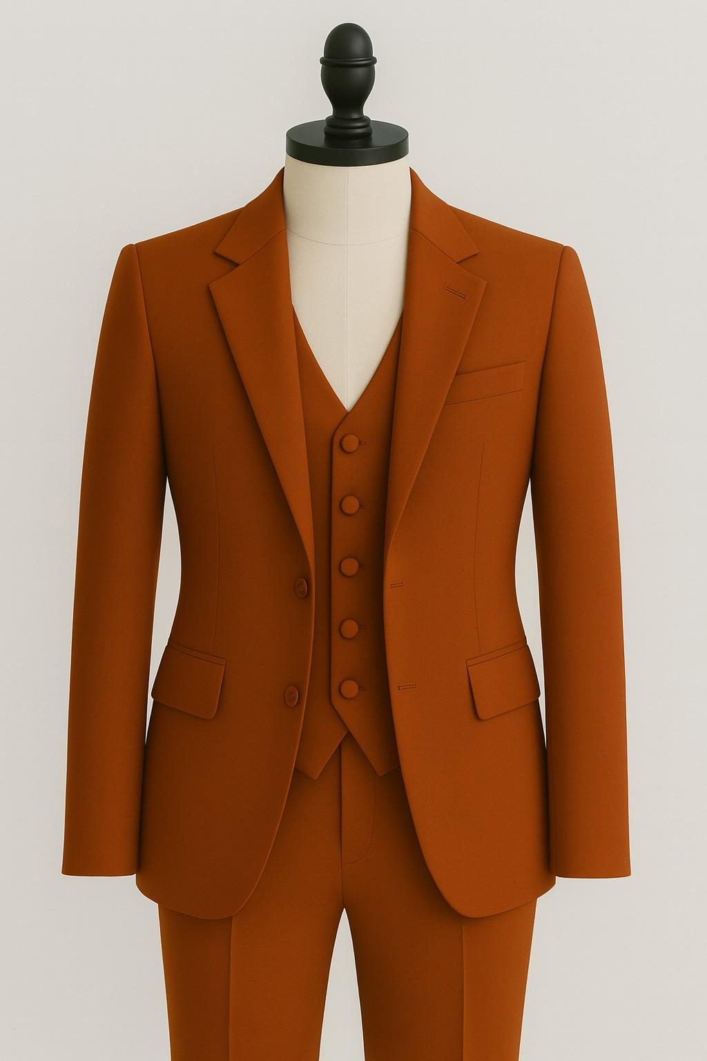 Men’s Burnt Orange Italian Terry Wool 3-Piece Suit – Premium Classic Formal Wear