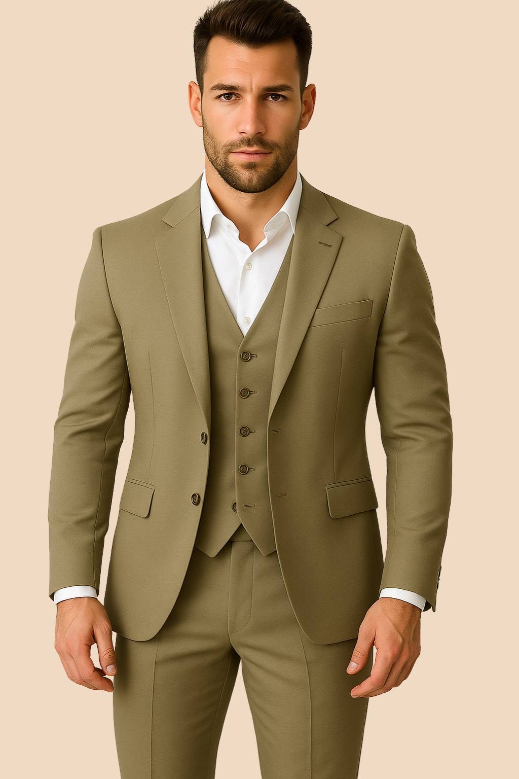 Men’s Khaki Italian Terry Wool Suit – Premium Classic Formal Wear