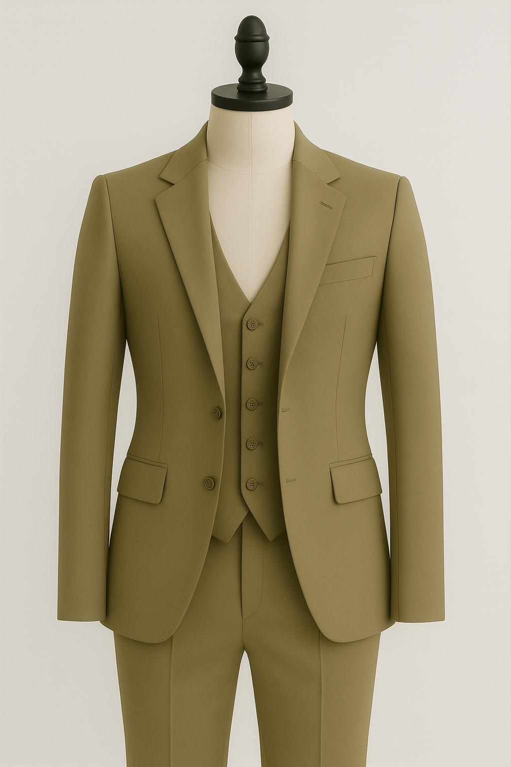 Men’s Khaki Italian Terry Wool Suit – Premium Classic Formal Wear