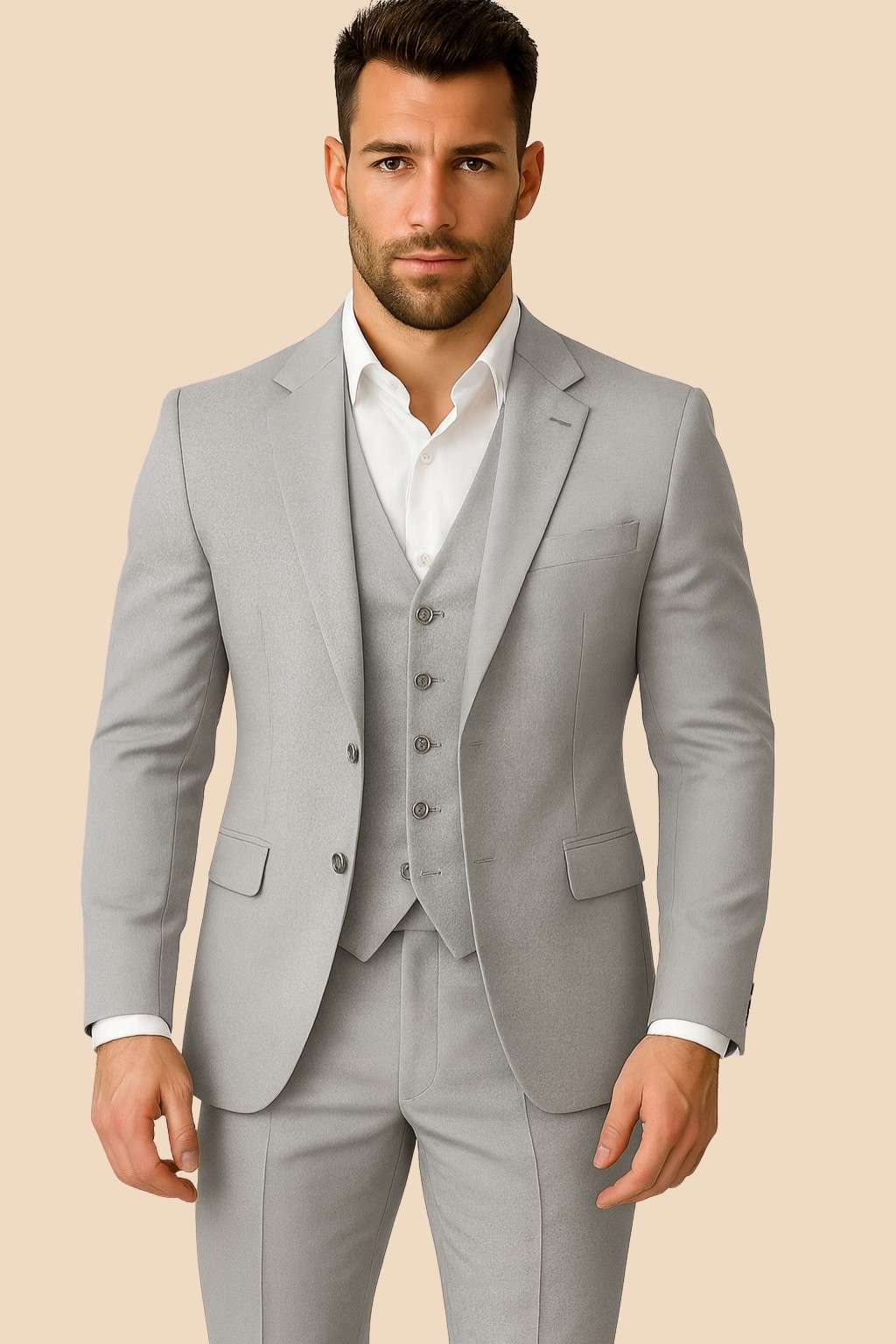 Men’s Light Grey Italian Terry Wool 3-Piece Suit – Classic Formal Wear
