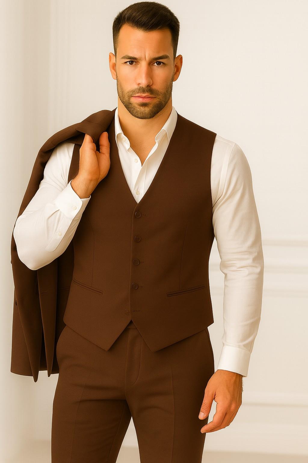 Men’s Brown Italian Terry Wool 3-Piece Suit – Premium Classic Formal Wear