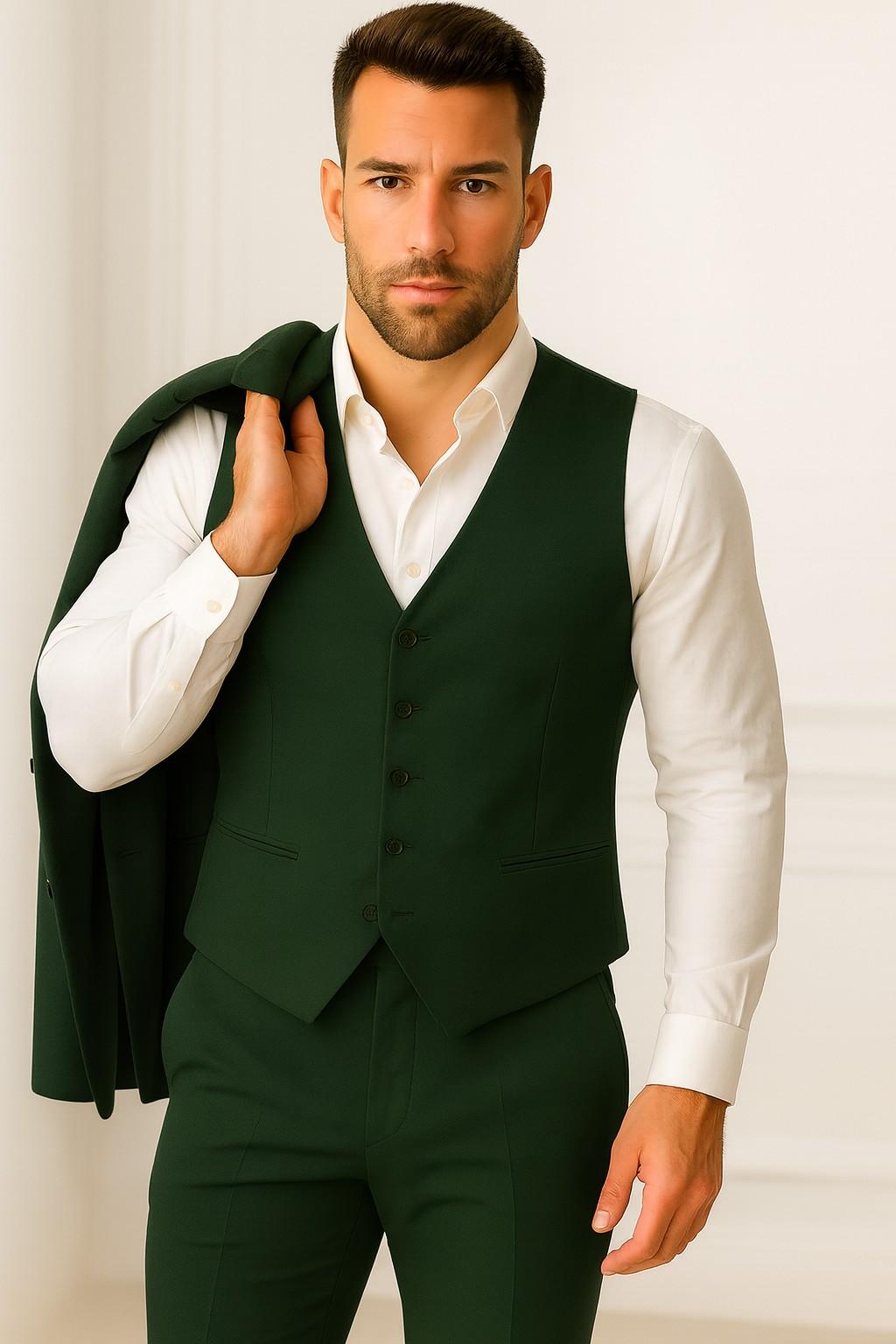 Men’s Bottle Green Italian Terry Wool 3-Piece Suit – Premium Classic Formal Wear