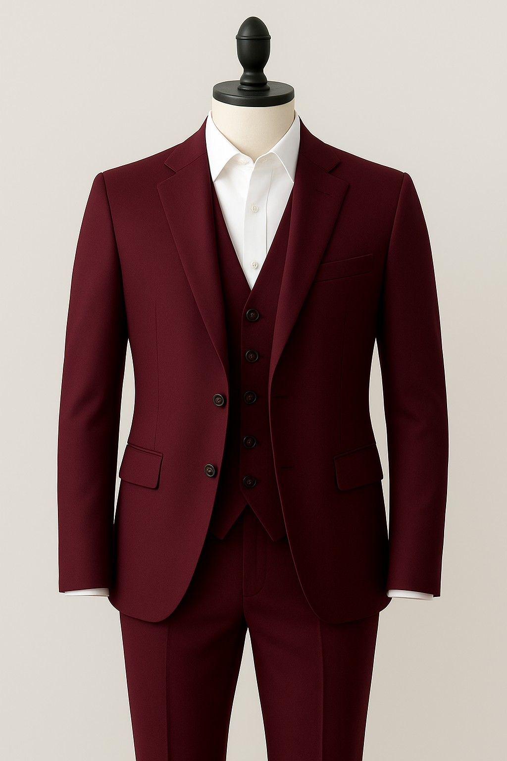 Men’s Wine Italian Terry Wool 3-Piece Suit – Premium Classic Formal Wear