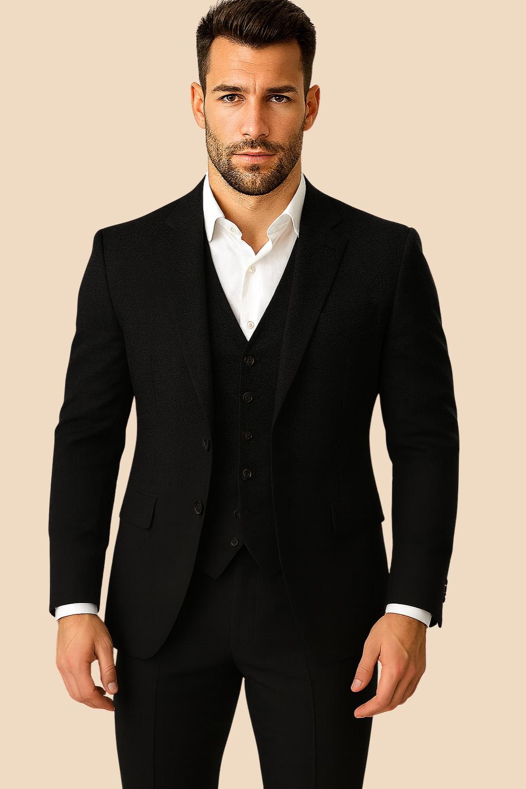 Men’s Black Italian Terry Wool 3-Piece Suit – Premium Classic Formal Wear