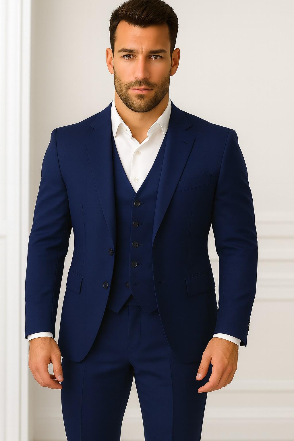 Men’s Navy Blue Italian Terry Wool 3-Piece Suit – Premium Classic Formal Wear