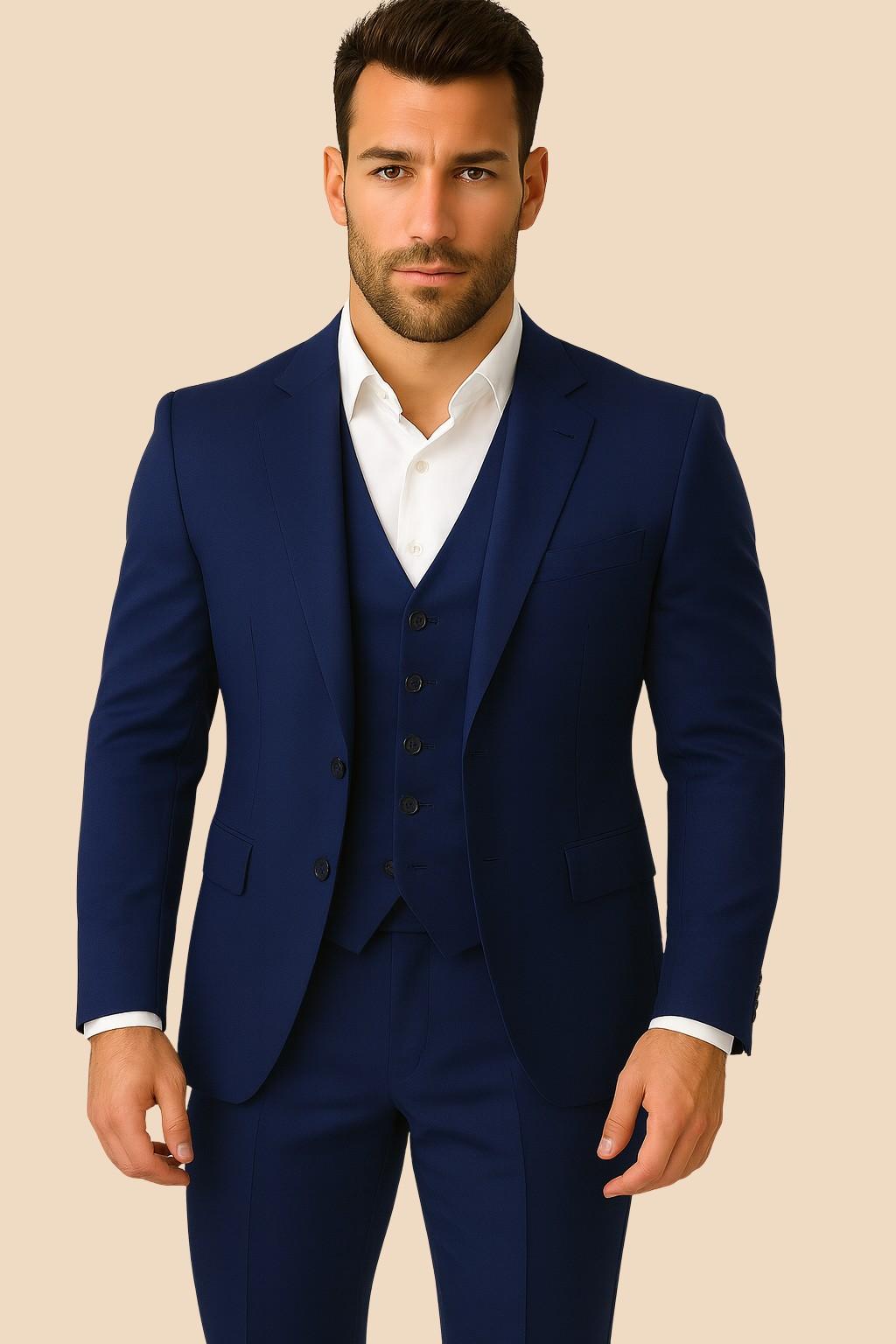 Men’s Navy Blue Italian Terry Wool 3-Piece Suit – Premium Classic Formal Wear