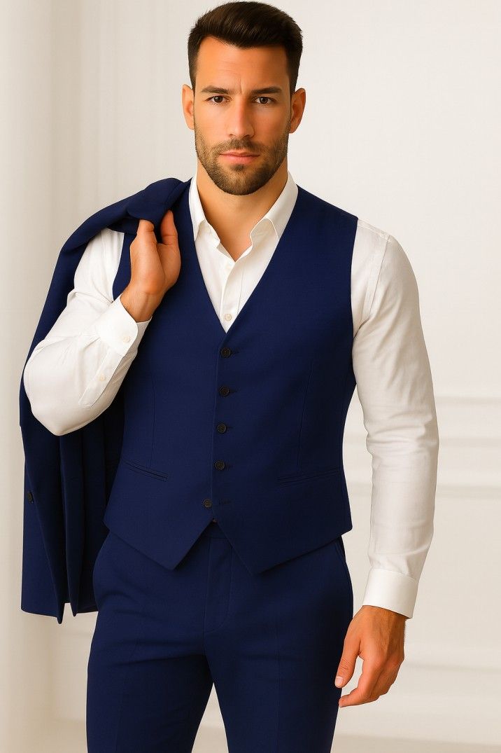 Men’s Navy Blue Italian Terry Wool 3-Piece Suit – Premium Classic Formal Wear