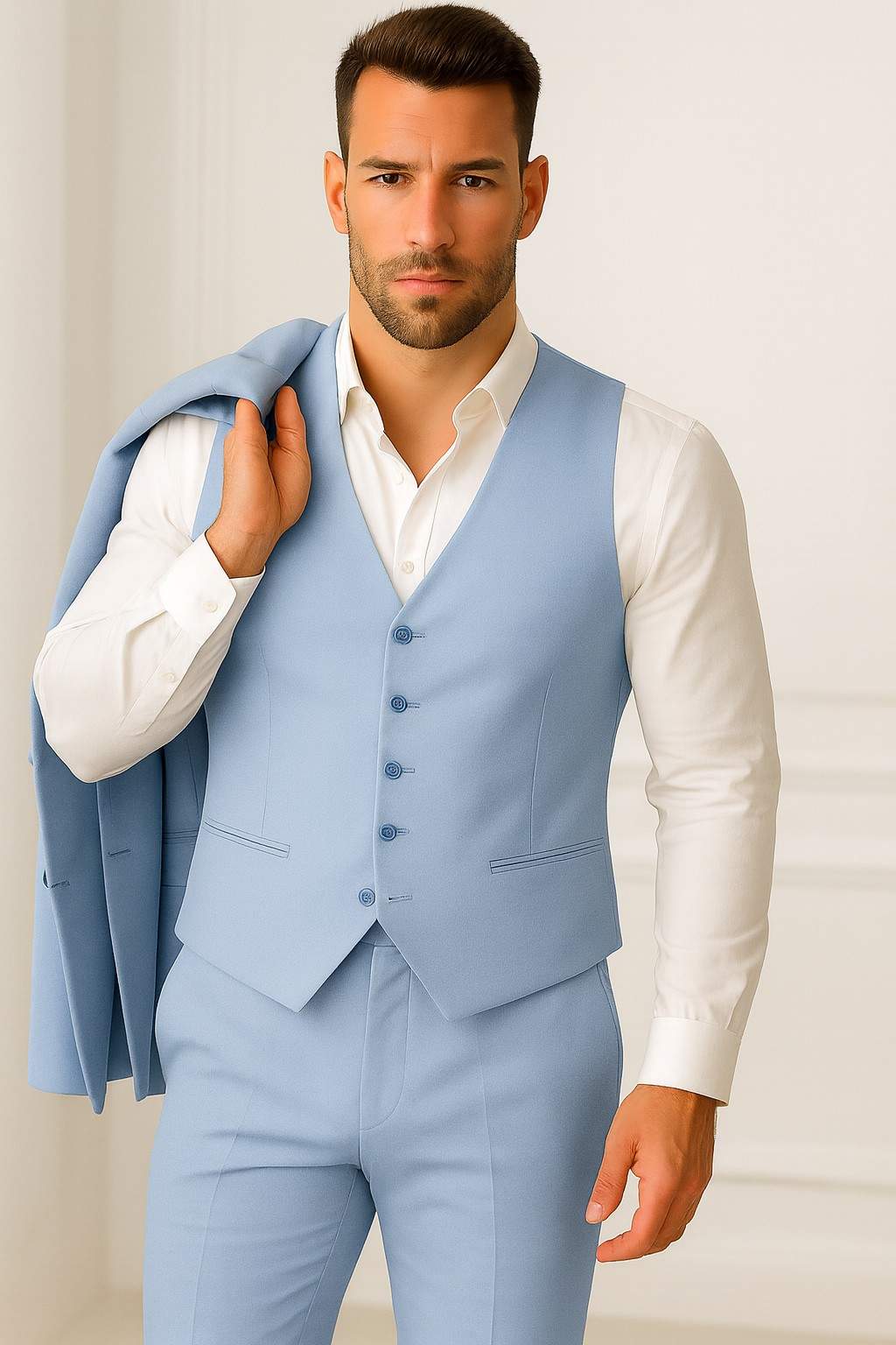 light sky blue three piece suit