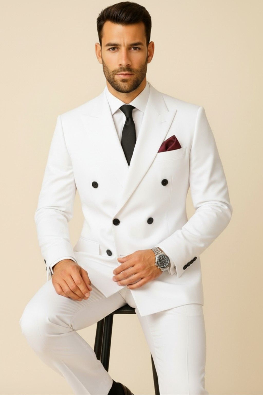 Men’s Premium Double-Breasted White Suit in Japanese Wrinkle.