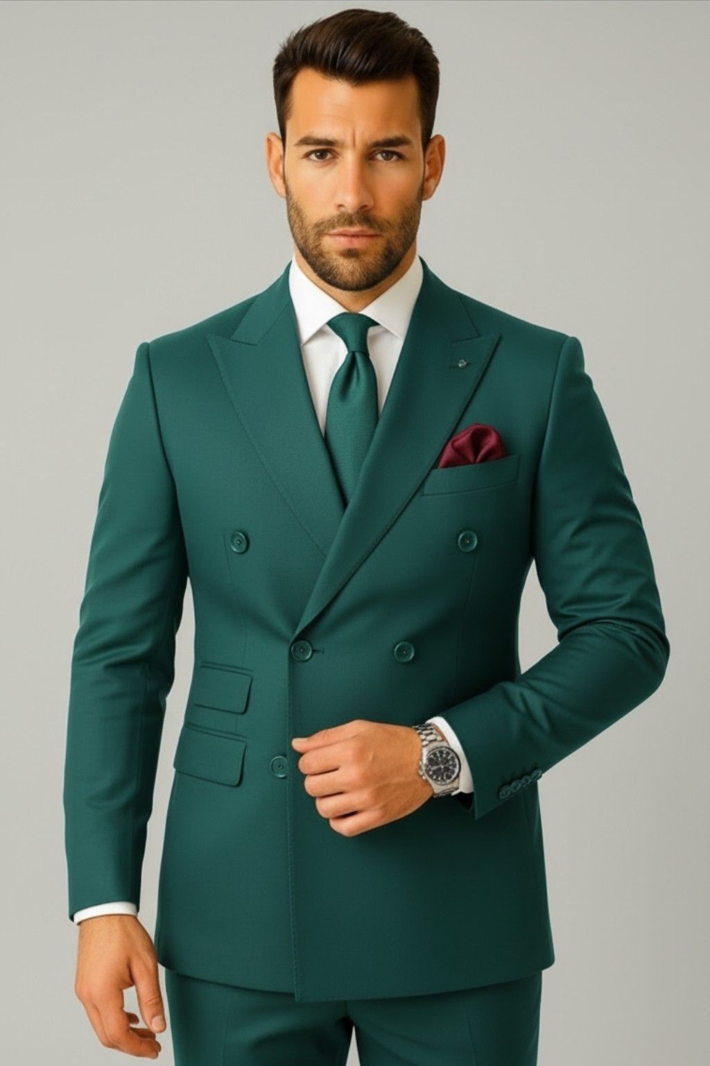 Men’s Double-Breasted Dark Green Suit